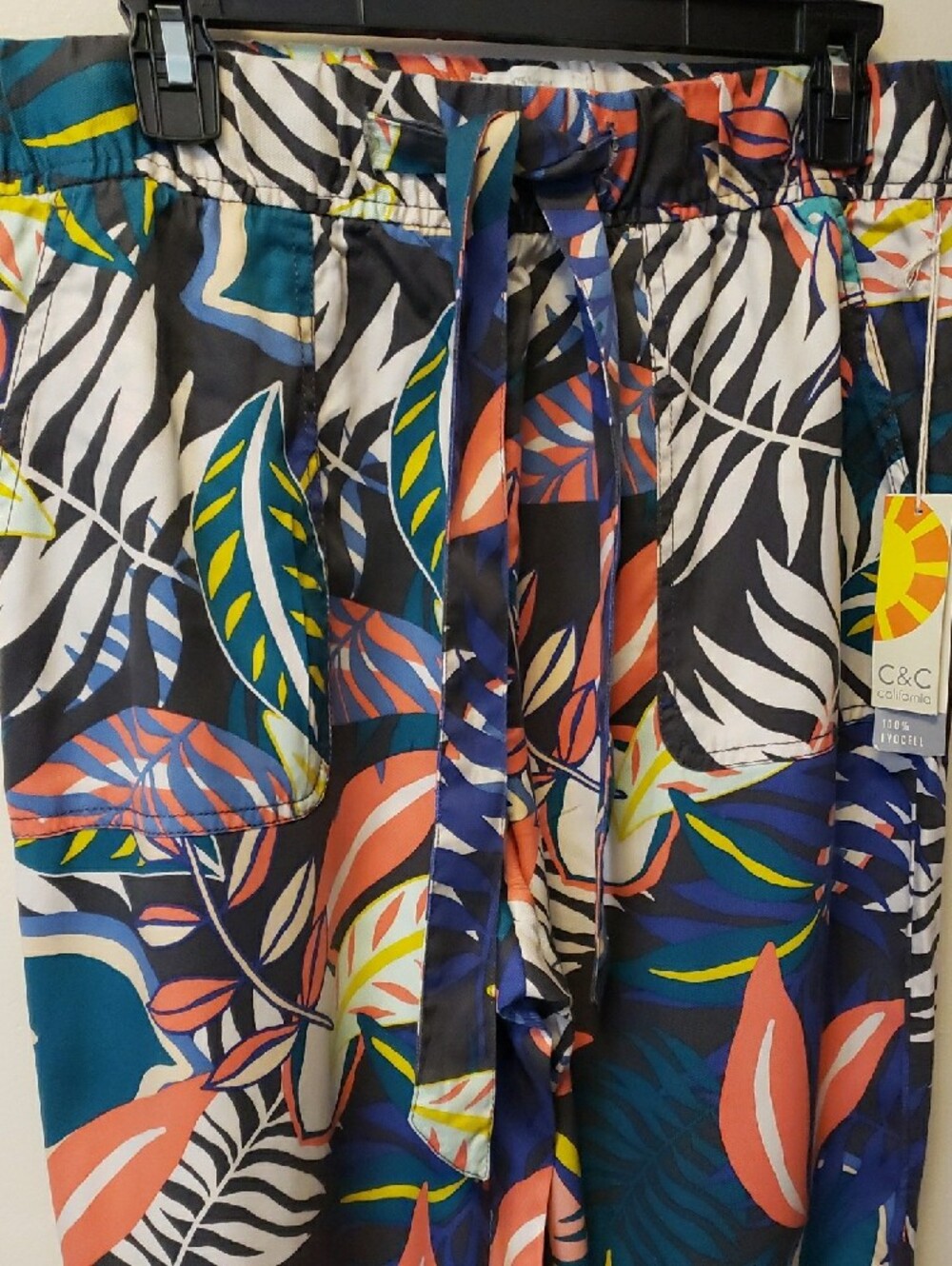 C&C California Tropical Print Drawstring Pants - Blue, Coral, Black - Picture 2 of 9